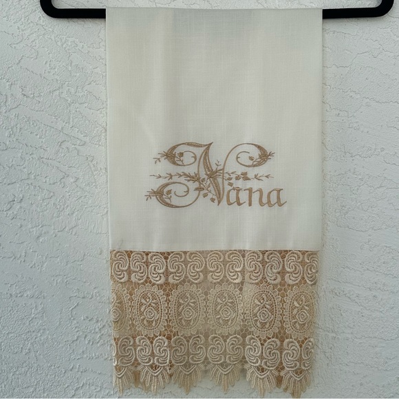 Nana Hand Towel Embroidered Linen Lace Cottage Chic 36” X 17 1/2 Handmade - Picture 1 of 6